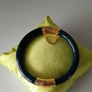 Dark Green Faux Jade Bangle Bracelet with Gold-tone Metal Hinges & Safety Chain
